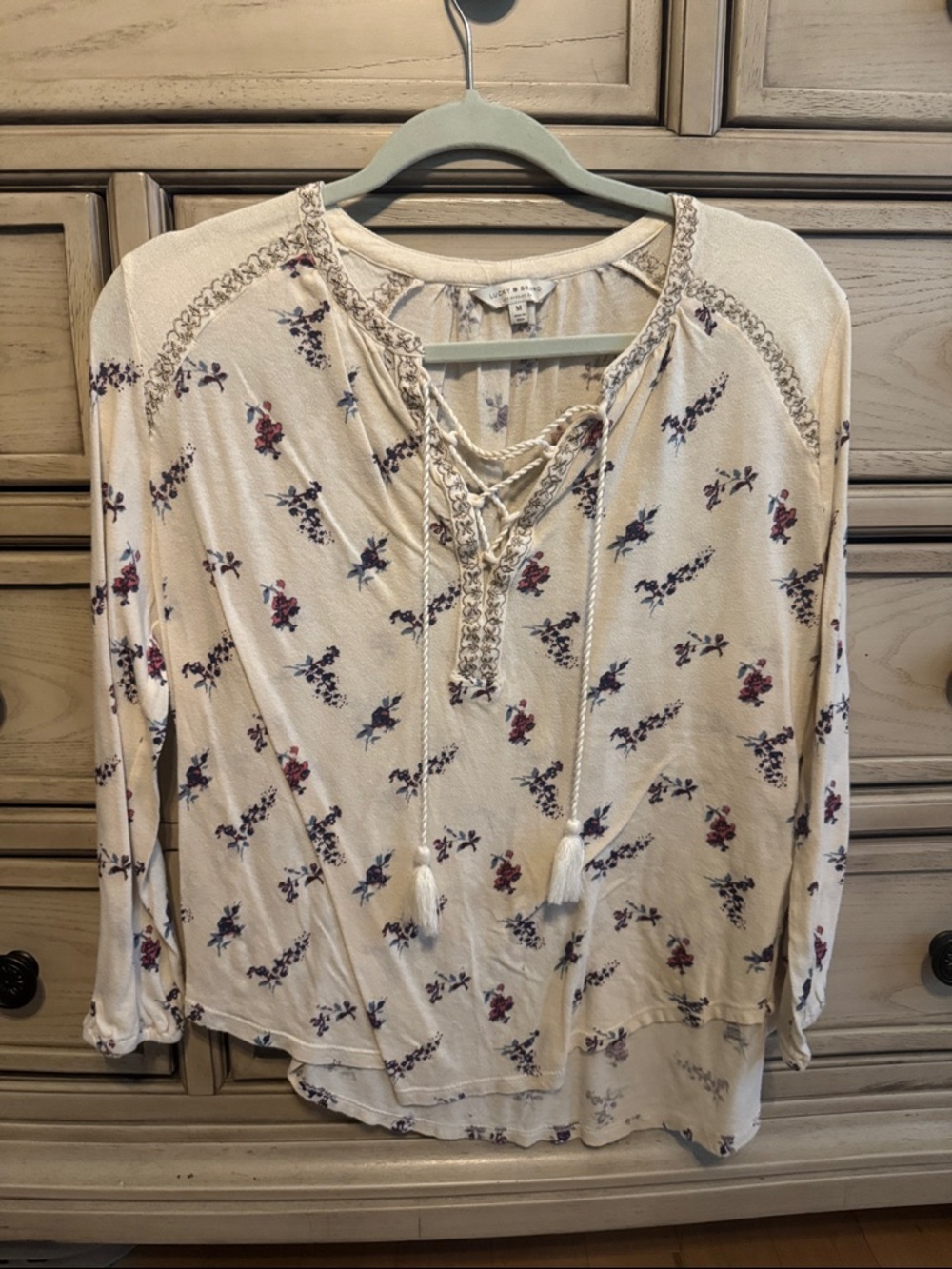 Lucky Brand Cream Floral Lace-Up Peasant Tunic